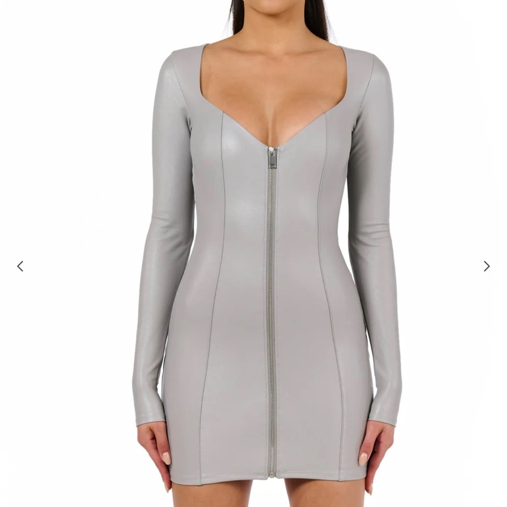 Naked Wardrobe Gray Plunge Long Sleeve Bodycon Dress